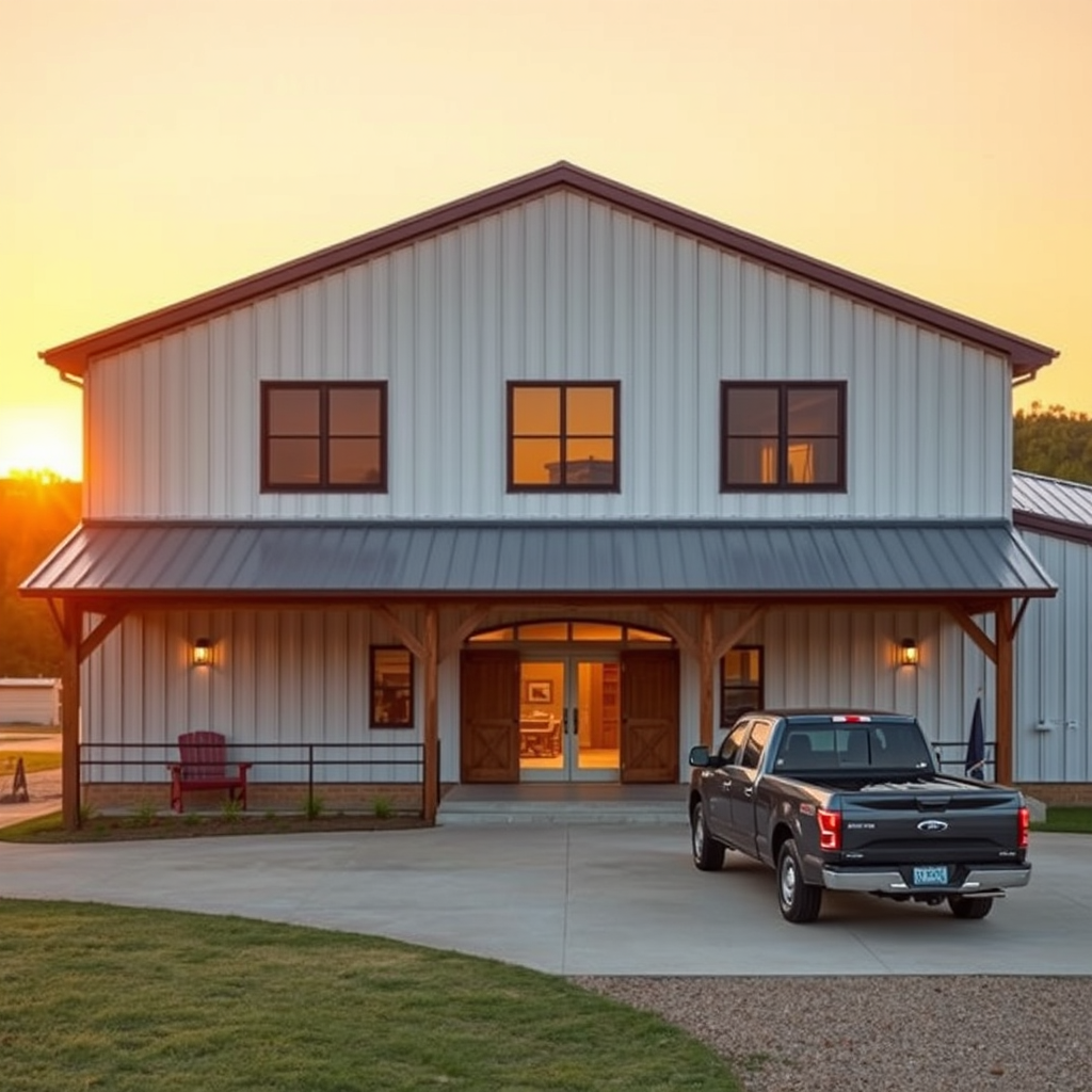 Modern barndominium with metal siding and residential windows at golden hour on rural acreage